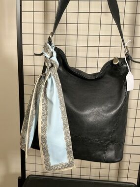 Anne Klein Black Leather Hobo Shoulder Bag Slouchy Classic + Scarf Accent